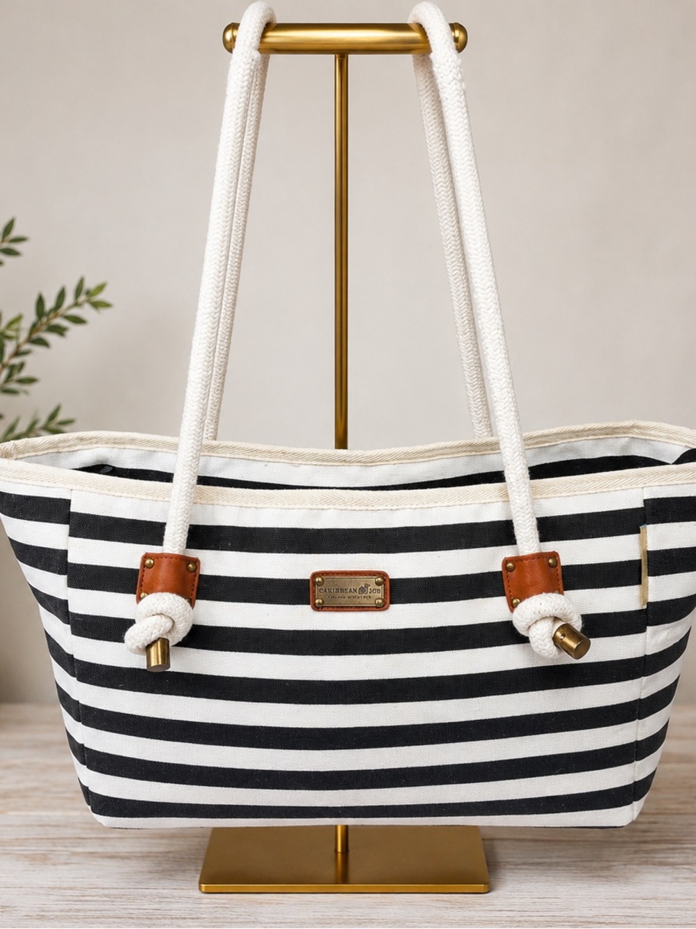Beach Stripe Canvas Tote Bag by Caribbean Joe  - Black & White